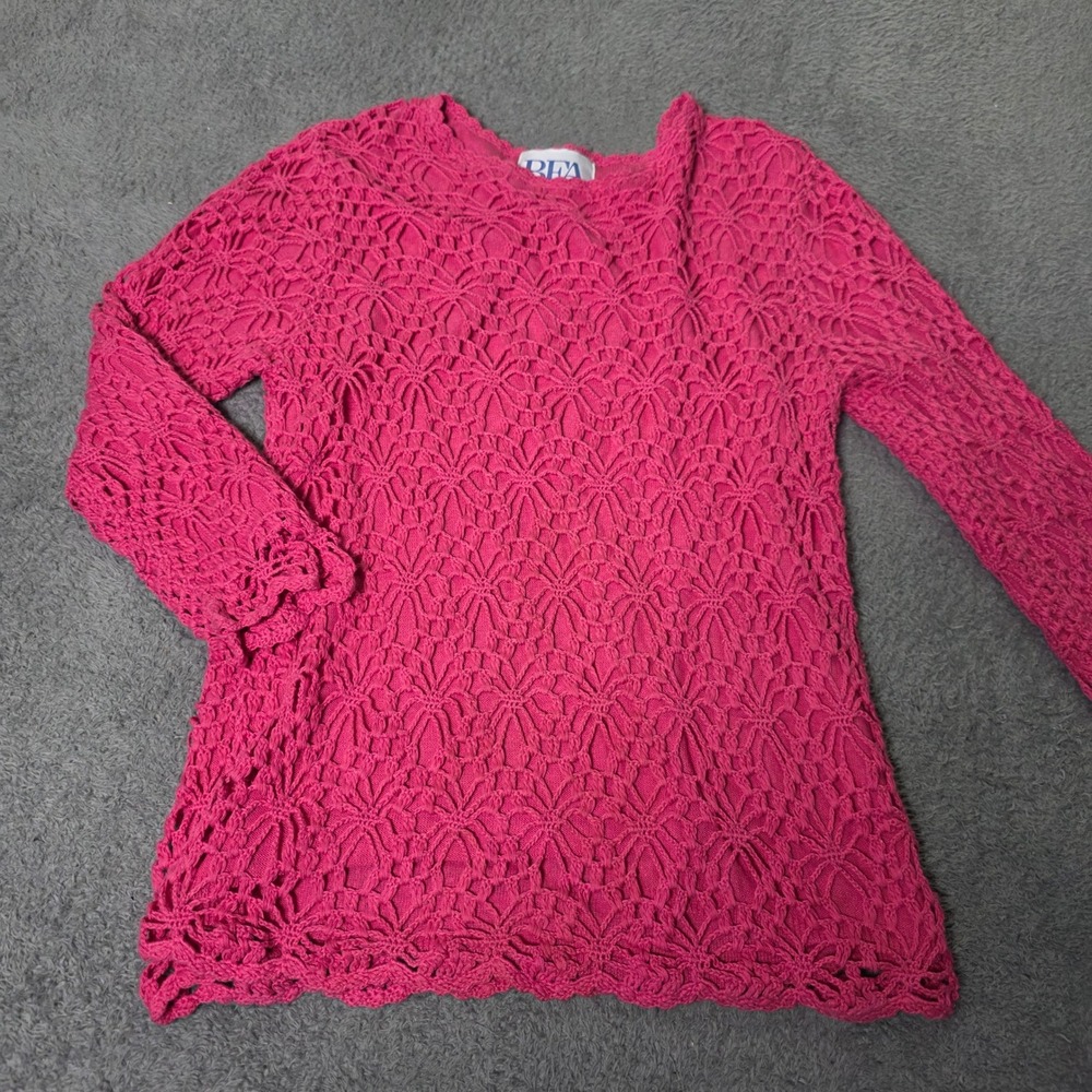 BFA Classics Womens M Crochet Top Pink Long Sleeve Floral Knit Scalloped 21341